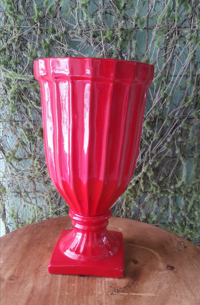 Vaso porcelana vermelho canelado grande