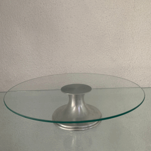 SUPORTE REDONDO DE VIDRO COM PÉ INOX TRABALHADO ALTO 35 CM