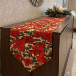 CAMINHO DE MESA FLORAL VERMELHO NATALINO 1,89X0,40